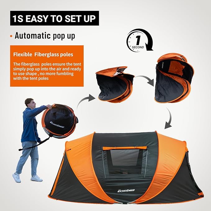 EchoSmile Instant Pop Up Camping Tent, 2/4/6 Person, Easy Setup Tent, Water Resistant Dome, Portable with Carry Bag