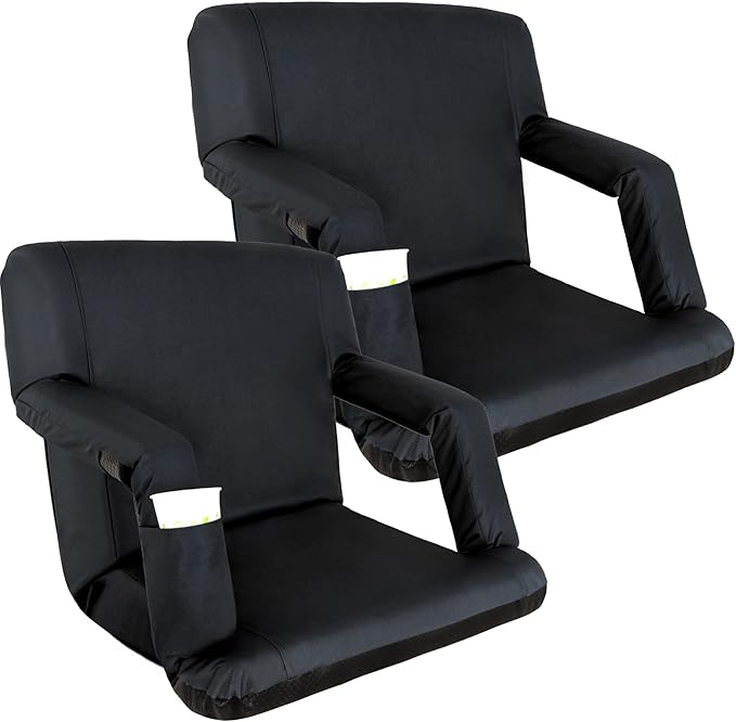 Wide Stadium Seat for Bleachers with Back Support -2 Pack Reclining Adults Camping Stadium Chair Extra Thick Cushion Bleacher Seats Waterproof Black