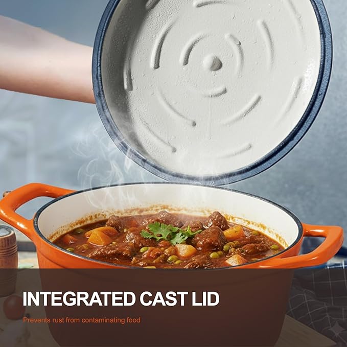 Overmont Enameled Cast Iron Dutch Oven - 5.5QT Pot with Lid Cookbook & Cotton Potholders - Heavy-Duty Cookware for Braising, Stews, Roasting, Bread Baking Orange