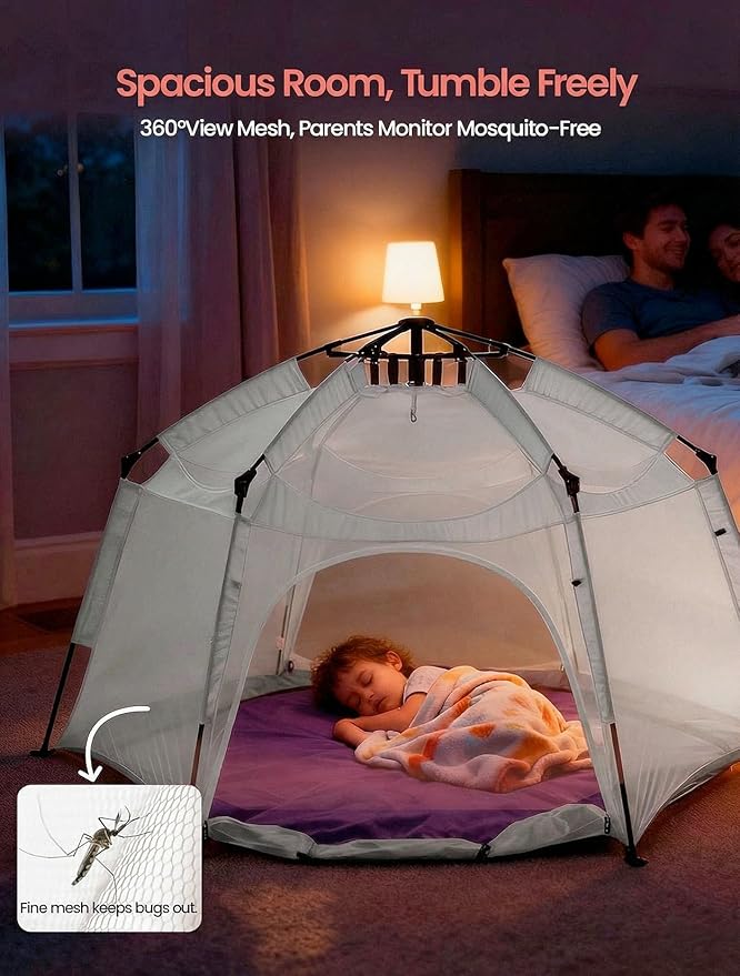 Portable Large Kids Beach Tent Shelter with Canopy UV Cover, Indoor Outdoor Camping Tent,with Thick Removable Floor for Sleeping Or Beach Shelter (Light Grey)