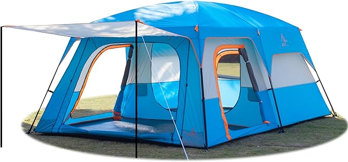 KTT Extra Large Tent 10-12-14 Person(B),Family Cabin Tents,2 Rooms,3 Doors and 3 Windows with Mesh,Straight Wall,Waterproof,Double Layer,Big Tent for Outdoor,Picnic,Camping,Family Gathering