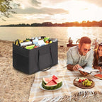 LHZK Standing Utility Tote Bag with Metal Wire Frame and the Sides Rinforced, Large Tote Bag with Handle, Reusable Grocery Bags Foldable, Beach Bag, Car Tote (Black, 18.5''x11.8''x11.5'')