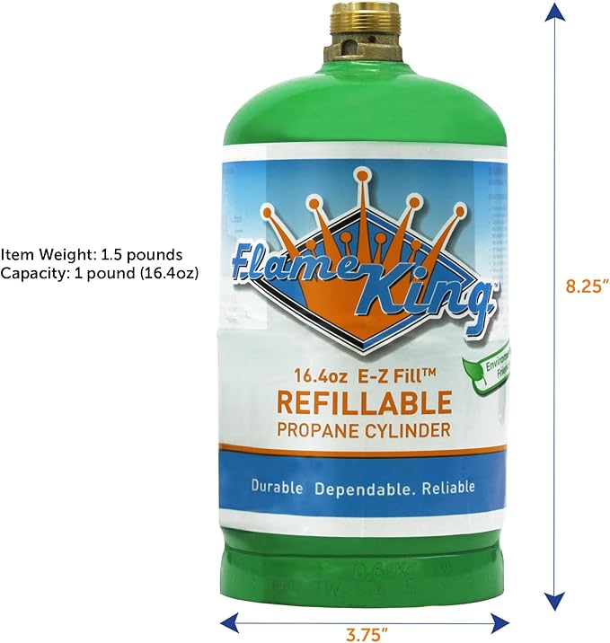 Flame King 1LB EMPTY Propane Cylinder Tank – Refillable – Reusable – Safe and Legal Refill Option – DOT Compliant – 16.4 oz for Camping, Backpacking, and Hiking (4-Pack), Green (YSN164-4)