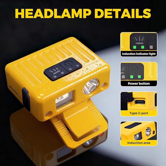Ultra-Light (1.16oz) LED Clip on Hat Light with Motion Sensor - USB-C Rechargeable Cap Light, 5 Modes with Red Light, IPX6 Waterproof Headlamp for Fishing Hands-Free Clip-on Light (Yellow)