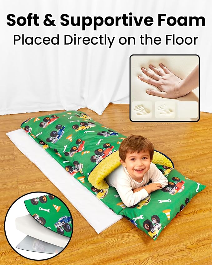 Primlect Toddler Thickened Foam Nap Mat with Pillow, Extra Large 55"x35", Soft, Supportive Sleeping Bag with Detachable, Washable Cover, for Sleepover, Home, Travel, Boys and Girls