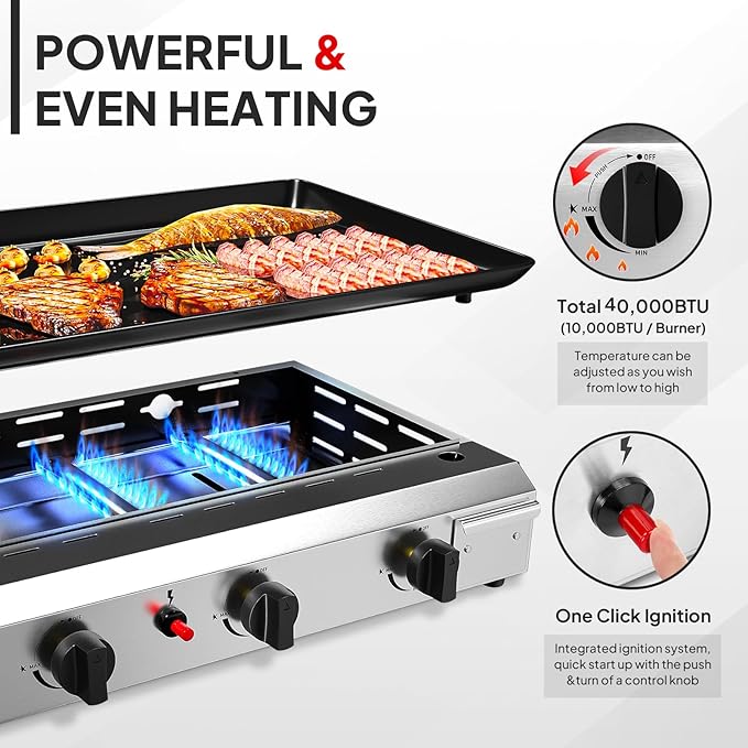 Bonnlo 4 Burner Portable Propane Griddle, 40,000BTU Gas Grill with Enameled Tray, Rolling Flat Top Gas Grill with Electronic Ignition & Regulator for Outdoor Camping Cooking BBQ