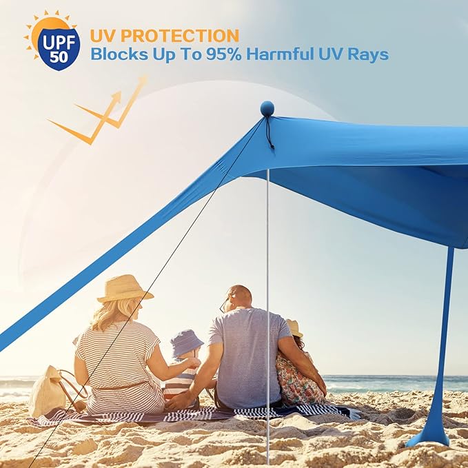 Beach Canopy Beach Tent Pop Up Shade 7.5X7.5 FT Portable Sun Shelter Extra Windproof Rope Stable Sun Protection with Carry Bag Easy Set Up for Family Outdoor Camping Fishing Backyard Picnics