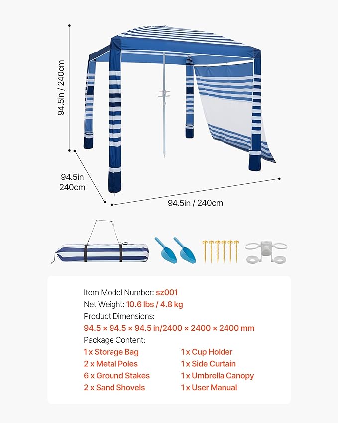 VEVOR Beach Cabana, 8 x 8 ft Beach Canopy with Side Wall, UPF 50+ Protection Easy Setup Cabana Tent with Sand Pockets, Adjustable Height Portable Shade Sun Shelter Umbrella for Family, Navy Stripes