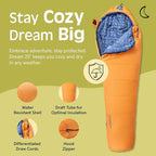 Retrospec Dream 25 Kids Sleeping Bag for Camping - Mummy Style, Water-Resistant, Lightweight 3lbs 3oz, Adjustable Length, Draft Collar, 25°F Rating