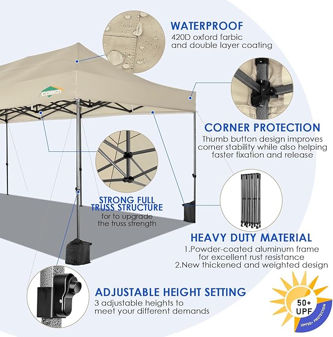 COBIZI 10x30 Pop up Canopy, Heavy Duty Outdoor Party Tents for Parties, Easy up UPF 50+ Waterproof Commercial Canopy with Wheeled Bag can fold, Khaki(Windproof Upgraded)
