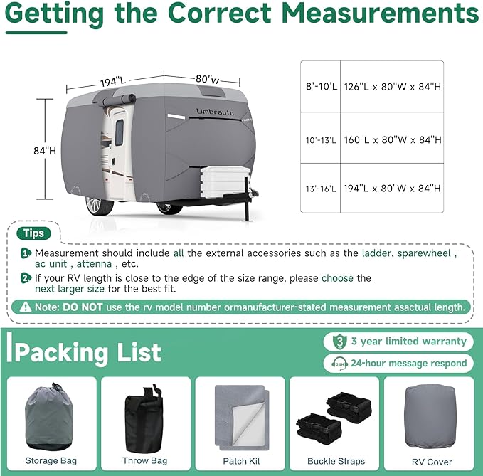 Umbrauto Fiberglass Travel Trailer Cover Fits 13'-16' Trailers, Upgraded 7 Layers Top Camper RV Cover with Windproof Strap,Adhesive Repair Patches
