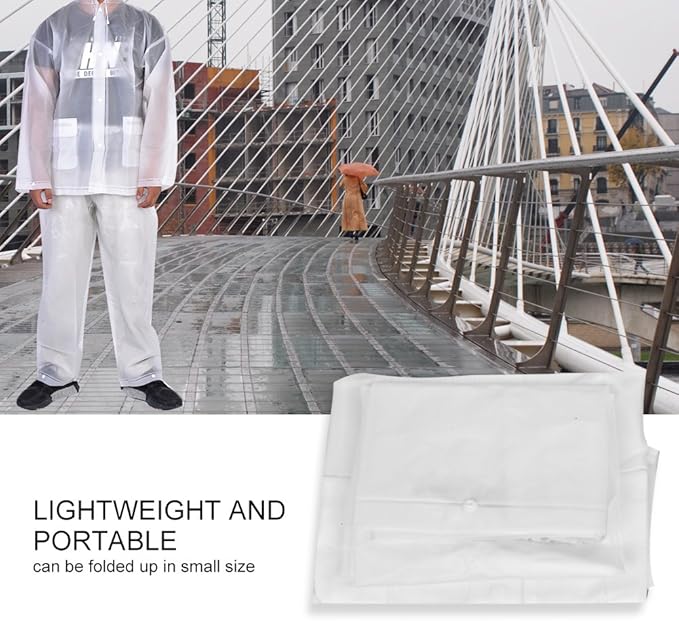 2pc Resuable Transparent EVA Rain Suits Unisex Emergency Rain Suit Clear Raincoat Waterproof Drawstring Hooded Rainwear Jacket Pants Set with Storage Bag for Hiking Drifting Camping Fishing (S, L)(L)