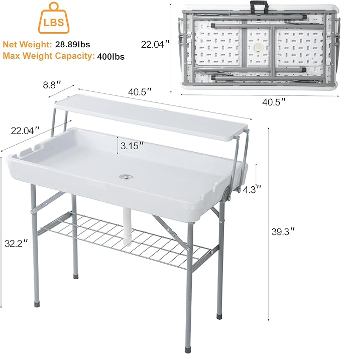 Allpop 2 Tiers Folding Ice Cooler Table with Matching Skirt, Portable Party Table with Grid Rack & Drain Hose for Patio Picnic Camping Wedding, White