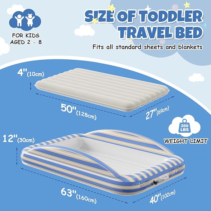 Inflatable Toddler Travel Bed with Cordless Rechargeable Air Pump – Comfy Removable Flocked Toddler Air Mattress & Safety Rails, Portable Kids Blow Up Bed for Home Camping Sleepover Vacation