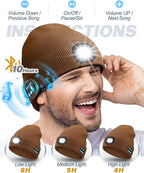 Bluetooth Beanie with Light, USB Rechargeable LED Headlamp Winter Hat, Men Women Valentine's Day Gifts