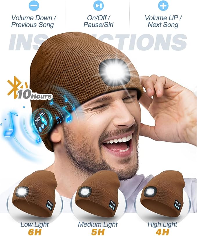 Bluetooth Beanie with Light, USB Rechargeable LED Headlamp Winter Hat, Men Women Valentine's Day Gifts