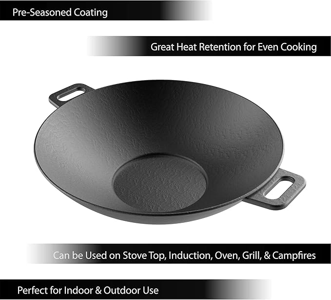 Cast Iron Wok-14” Pre-Seasoned, Flat Bottom Cookware with Handles-Compatible with Stovetop, Oven, Induction, Grill, or Campfire by Classic Cuisine, (82-KIT1088)