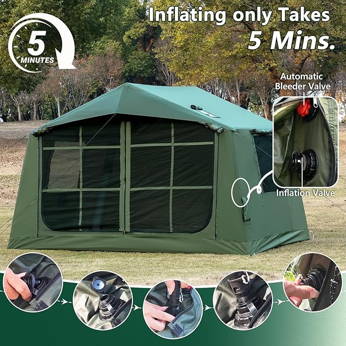 Inflatable Camping Tent with Hand Pump Waterproof Outdoor Blow up Tent 2-8 Person Oxford 4 Season Glamping Air Tent Cabin House with Mesh Windows & Door