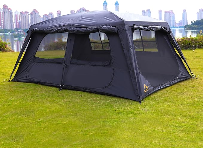 KTT Extra Large Tent 12 Person,Family Cabin Tents,Awning,2 Rooms,4 Doors and 4 Windows with Mesh,Straight Wall,Waterproof,Double Layer,Big Tent for Outdoor,Picnic,Camping,Family Gathering