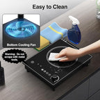1800W Portable Electric Cooktop – Features touch & knob controls with 10 heat levels, child lock, and timer. 110V for home, camping, and apartments.