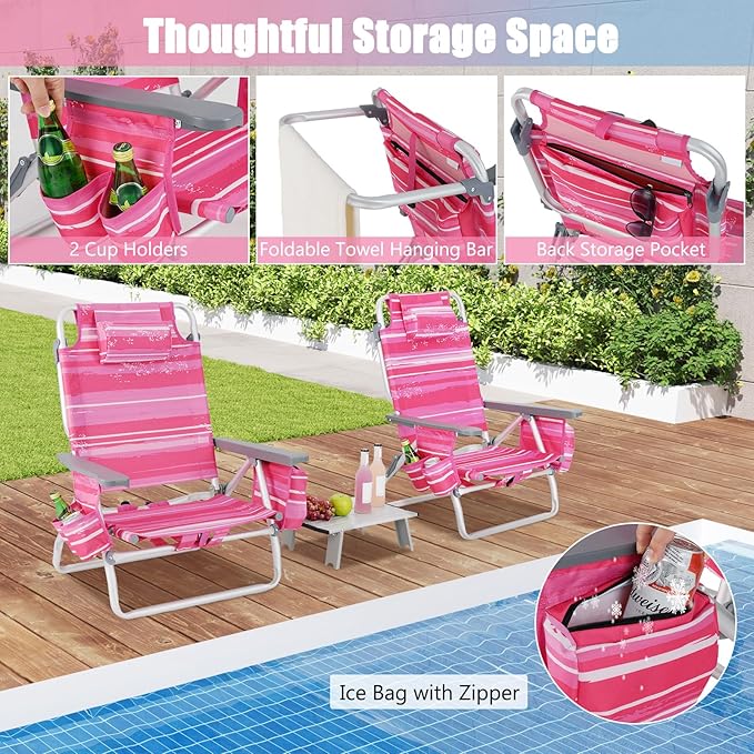 GYMAX Beach Chairs, Backpack Camping Chair with Armrest, Cooler Bag, Cup Holder, Towel Bar & Side Pockets, Sunbath Sling Tanning Lounge, Folding Layout Chair (with Table, Pink Stripe)