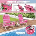 GYMAX Beach Chairs, Backpack Camping Chair with Armrest, Cooler Bag, Cup Holder, Towel Bar & Side Pockets, Sunbath Sling Tanning Lounge, Folding Layout Chair (with Table, Pink Stripe)