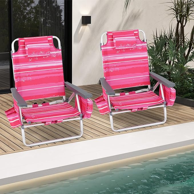 Goplus Beach Chair, Folding Backpack Beach Chairs for Adults with 5 Positions, Head Pillow, Cooler Bag, Towel Bar, Cup Holders, Sunbath Sling Tanning Lounge, Foldable Layout Camping Chairs