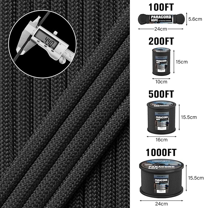 1200 Paracord Rope - 4.4mm 14 Strand Nylon Parachute Spool para Cord Lanyard for Outdoor Camping Survival Utility Tent Crafting DIY Projects Fishing Clothsline Bracelet - Black 50FT