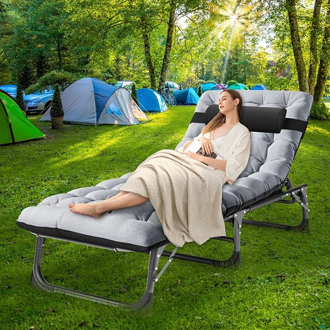 Barbella Folding Lounge Chair with Mattress, 4 Position Adjustable Folding Sleeping Bed Cot Patio Chaise Lounge Chairs Perfect for Sunbathing, Camping, Pool, Beach, Patio