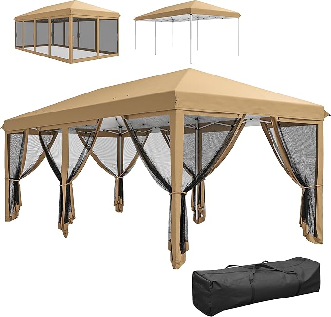Outsunny 10' x 20' Pop Up Canopy Tent with Netting, Heavy Duty Instant Sun Shelter, Large Tents for Parties with Carry Bag for Outdoor, Garden, Patio, Beige