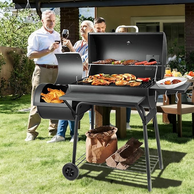 Barrel Charcoal Grill with offset smoker, 714 Square Inches Cooking Area, Outdoor BBQ Grill with Front and Side Shelf, Perfect for Backyard, Patio Parties and Picnics
