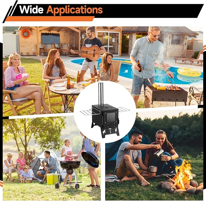 Hot Tent Steel Stove, Portable Camping Wood Burning Stove with Large Firebox, Detachable Top Cover for Cooking, Foldable Legs, 8.3 x 15 x 11.8 in for Outdoor Cooking