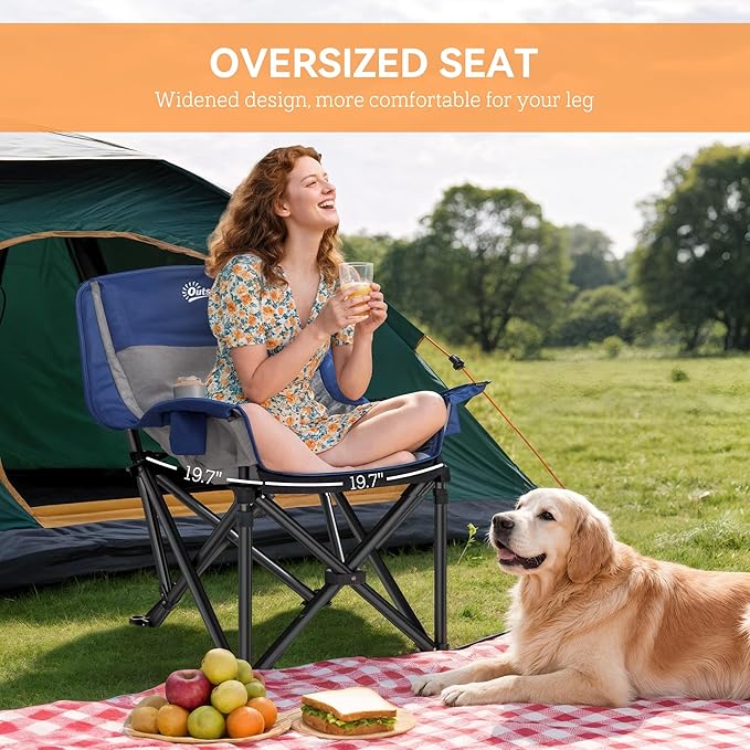 Outsunny Double Camping Chair for Adults, Padded Folding Camp Chair for 2 Person with Armrest, Wine Glass Holder, Cup Holder, Carry Bag for Outdoor Sports, Picnics, Supports up to 552 lbs.