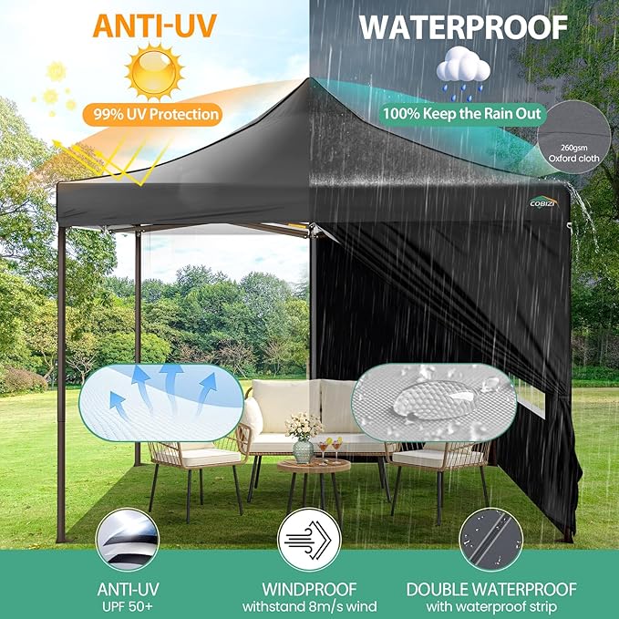 COBIZI 10x10 Pop Up Canopy Tent Heavy Duty with 4 Sidewalls, Commercial Easy Up Instant Canopy Outdoor for Events Party Wedding, All Weather Waterproof UV 50+ with Carry Bag (Leg Upgraded), Black