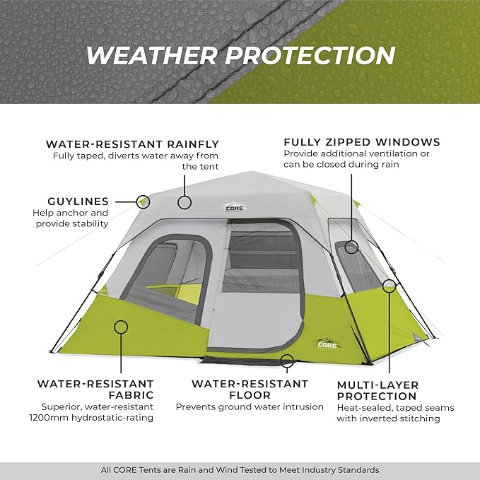 CORE Instant Cabin Tents | 6 Person / 9 Person / 10 Person / 12 Person Family Cabin Multi Room Pop Up Tents Car Camping | Included Storage Pockets for Camping Accessories