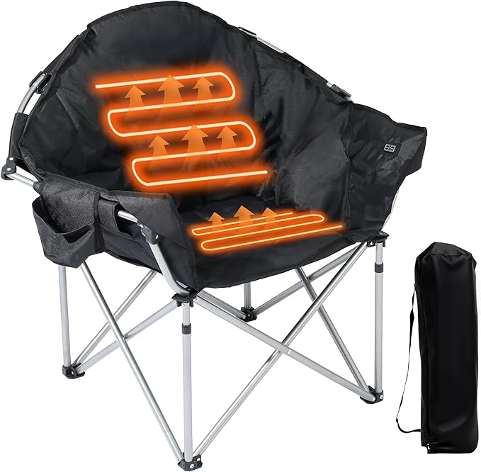 SunSettler Heated Camping Chair, Oversized Heated Outdoor Chairs for Adults with 3 Heat Levels, Portable Folding Padded Chair for Camp, Lawn, Sports (Battery NOT Included) (Black, Oversized)