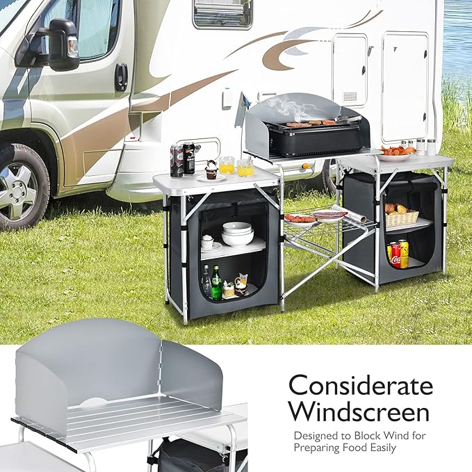 Goplus Folding Camping Kitchen Table with Storage, Aluminum Portable Outdoor Cooking Table with Windscreen, Foldable Camp Table Cook Station for BBQ, Grill, Party, Picnics