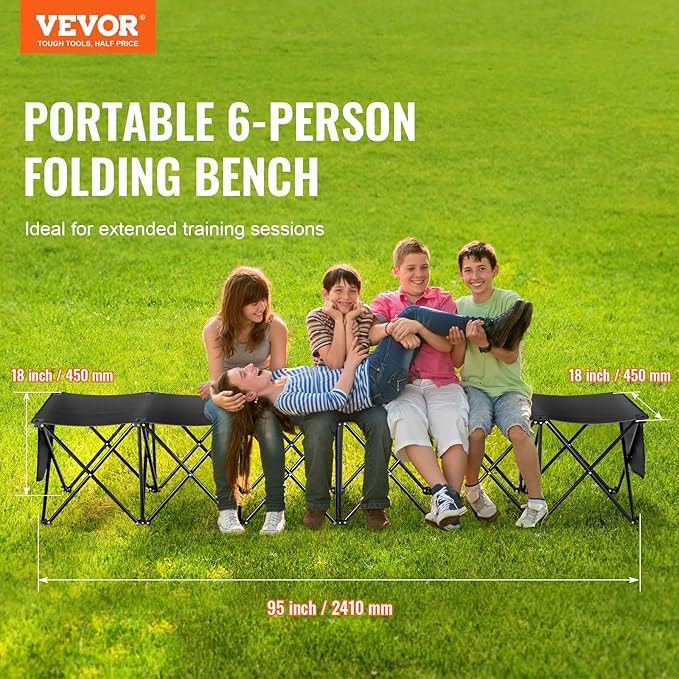 VEVOR Portable Folding Bench, 6 Seats Foldable Sideline Bench, Outdoor Camping Bench Chairs with Carry Bag, Team Sport Sideline Benches for Football, Camping, Fishing, No Assembly Instant Seating