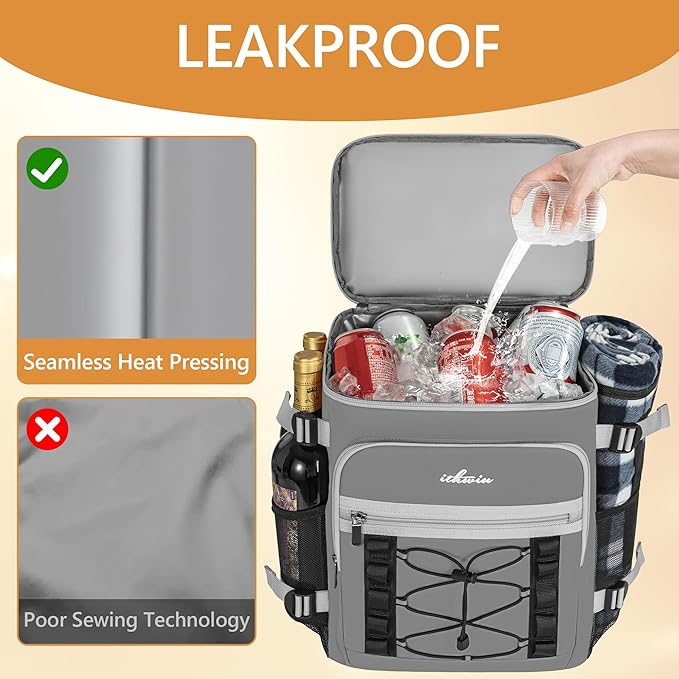 Cooler Backpack, 40 Cans Insulated Lunch Backpack Picnic Backpack for Men&Women, Durable Cooler Bag with 2 Leak Proof Compartments for Picnic, BBQ Camping, Lunch, Beach, Hiking, Gray