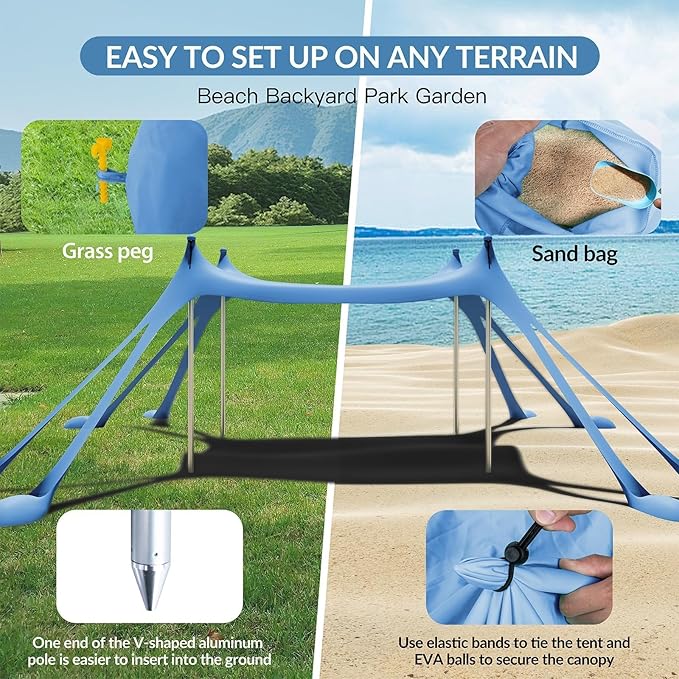 Gardentime Beach Tent Canopy with 8 Sandbags 4 Aluminum Poles, Pop Up Portable Camping Sun Shelter, Easy Set Up with 2 Sand Shovel, Ground Pegs, Carrying Bag for Outdoor Beach,Picnic, Fishing