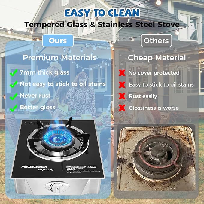 Single Burner Propane Stove 15000 BTU, Portable Gas Propane Stove 1 Burner, Camping Stove Propane with LPG Adapter Hose for Indoor and Outdoor Kitchen Cooking
