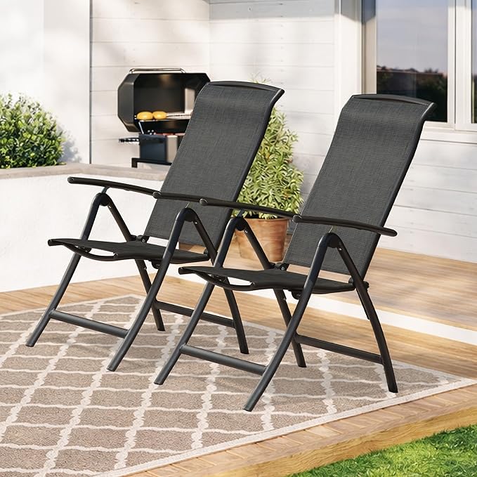 Domi Folding Patio Chairs Set of 2, Aluminium Frame Reclining Sling Lawn Chairs with Adjustable High Backrest, Patio Dining Chairs for Outdoor, Camping,Porch,Balcony(Textilene Fabric)