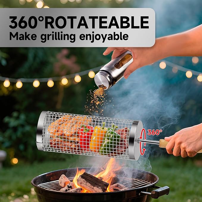 Rolling Grill Baskets,Removable Wooden Handle,304 Stainless Steel,Grill Accessories for Veggies Shrimp Meat,Kitchen Gadgets Fits Outdoor Cooking&Picnics,Camping Essentials,Ideal Festival Birthday Anniversary Gifts—2 Pack