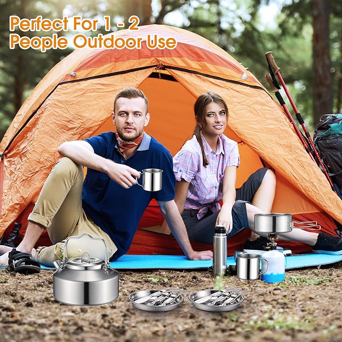 15 Pcs Camping Cookware Mess Kit Outdoor Cooking Set Stainless Steel with Pot and Pan Kit 2 Set Stainless Steel Cups Plates Forks Knives Spoons for Camping Backpacking Cooking Picnic