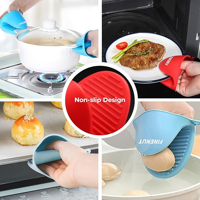 Mini Silicone Oven Mitts 4PCS(2 Pairs) Non-Toxic Heatproof Cooking Gloves for Grill/Pizza Stone/Air Fryer,Lightweight Non-Slip Compact for Camping/Baking,Dishwasher Safe(Red and Blue)
