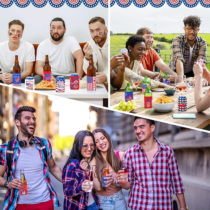 4th of July Can Cooler Sleeves, 18pcs American Flag Beer Drink Can Bottle Cooler Sleeves Collapsible for Fourth of July Coozies Bulk Independence Day Party Decorations Supplies Favors