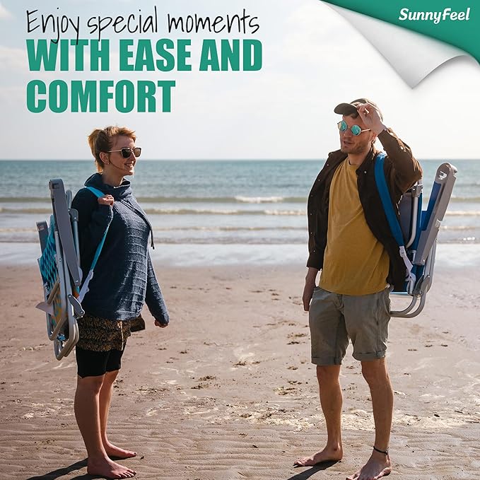 SUNNYFEEL Extra Wide 28" Low Beach Chair 2 Pack 5 Position Lay Flat, XL Oversized Portable Folding Camping Chairs with Cup Holder for Outdoor/Trip, Foldable Backpack Beach Chair for Adults