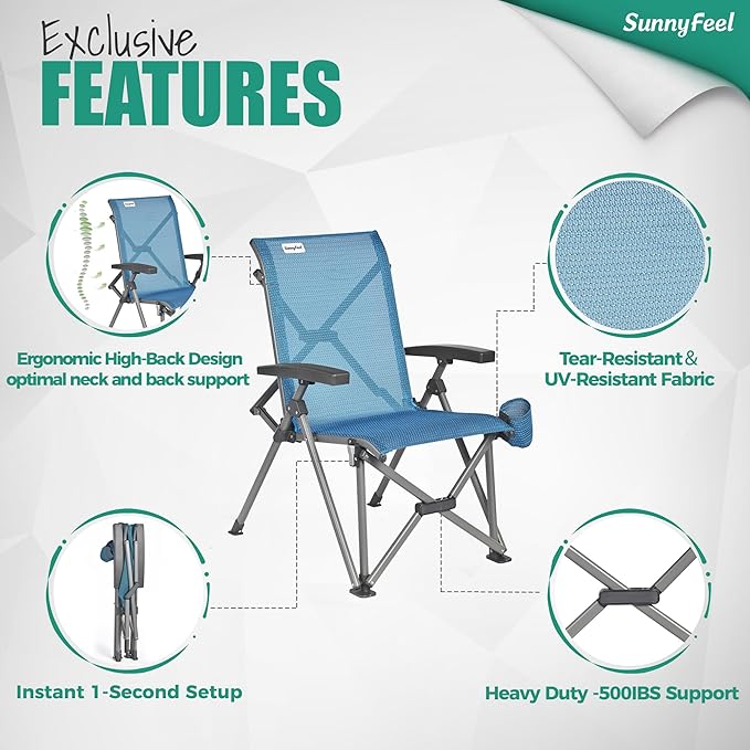 SUNNYFEEL Folding Camping Chair Heavy Duty Ergonomic Chairs Support 500lbs with Adjustable Breathable High Back Support and Cup Holder, Aluminum Frame for Fishing, Camp, Beach, Lawn, RV, Patio