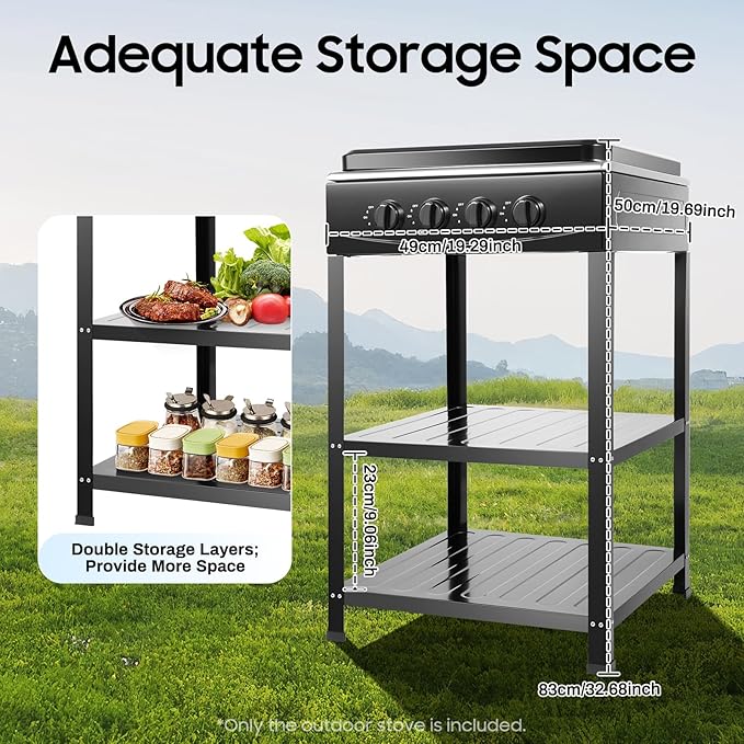 4 Burners Natural Gas Stoves, Portable Outdoor Stove with 2 Tier Storage Rack, Free Standing Grill Dual Natural Gas Cooker for Camping Picnic Home RV Cooking (Black-2)