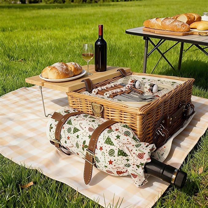 Wicker Picnic Basket Kit Set For 2 Adults With Blanket And Folding Wine Table,Multifunctional Picnic Set Insulated Portable Big Storage Capacity Full Tablewares,Camping,Outdoor,Christmas,Wedding,Gifts